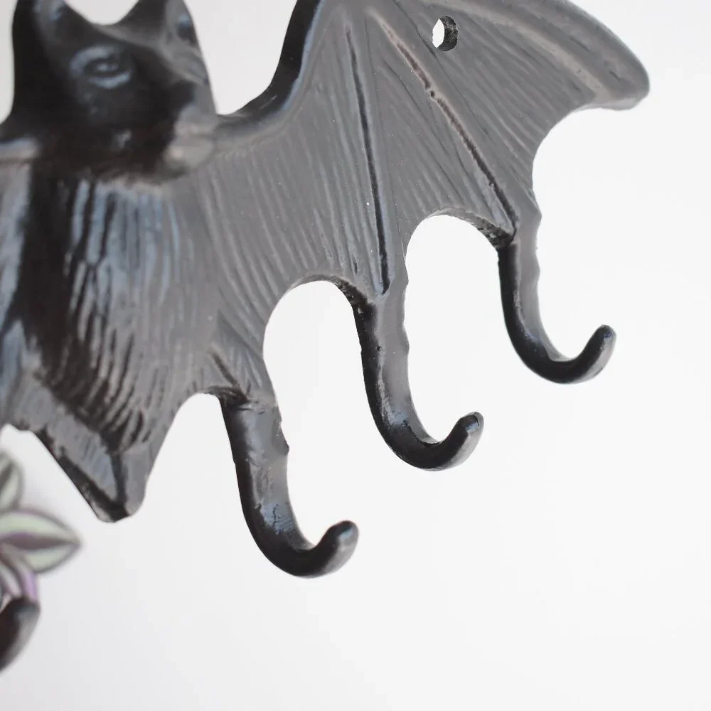Large Rustic Gothic Black Cast Iron Metal Vampire Bat Hook Wall Halloween Decor